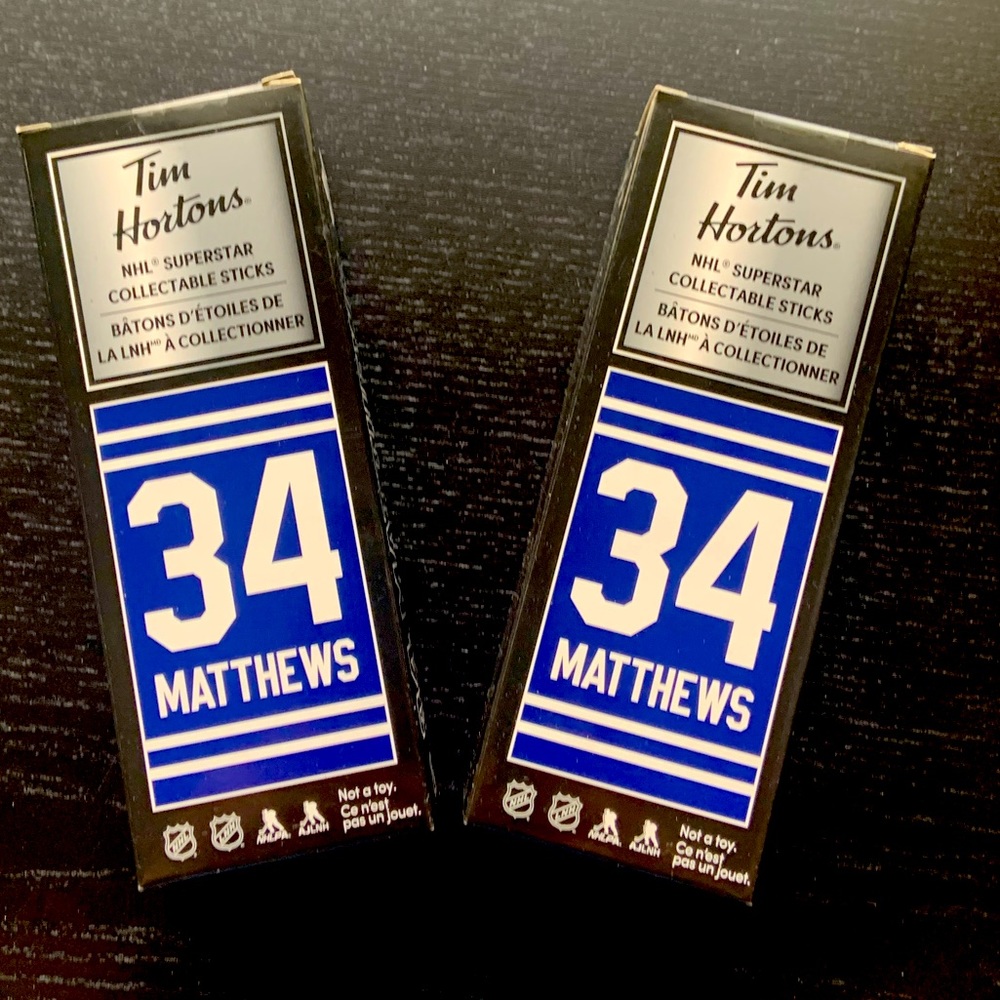 2 New Collectable Tim Hortons “Austin Matthews” hockey stick. MVP winner.Sealed.